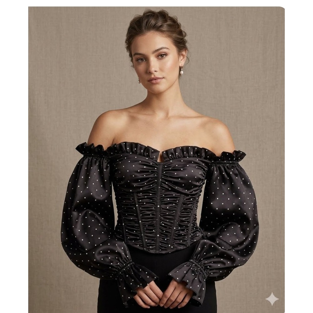 Overthesea Black Polka Dot Satin Corset Top Off Shoulder Puff Sleeve XS